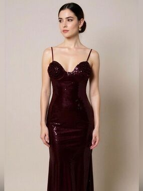 Elegant Burgundy Sequin Spaghetti-Strap Wedding Dress